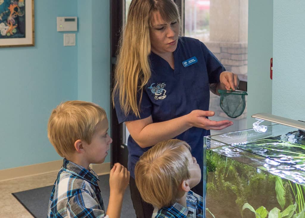 a woman and two children looking at a fish tank.