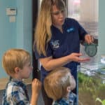 a woman and two children looking at a fish tank.