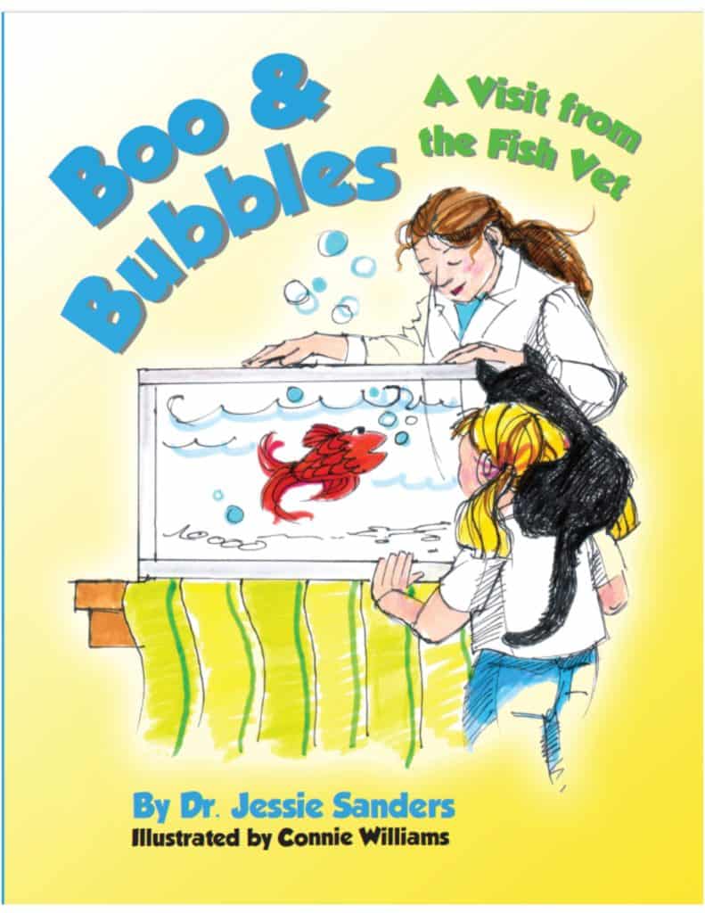 a book with a picture of two children looking at a fish.