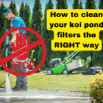 Person pressure washing an outdoor surface with a "STOP" sign overlay and text reading "cleaning koi pond filter the RIGHT way, ensuring your koi pond stays pristine.