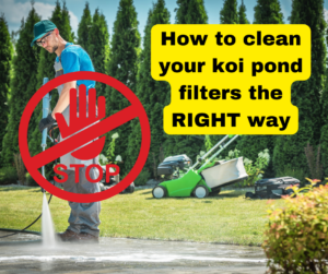 Person pressure washing an outdoor surface with a "STOP" sign overlay and text reading "How to clean your koi pond filters the RIGHT way, ensuring your koi pond stays pristine.