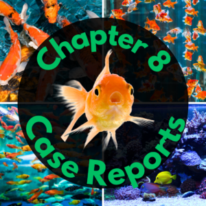 Collage of various colorful fish in aquariums with the text "Chapter 8 Case Reports" overlaid in a circular design.